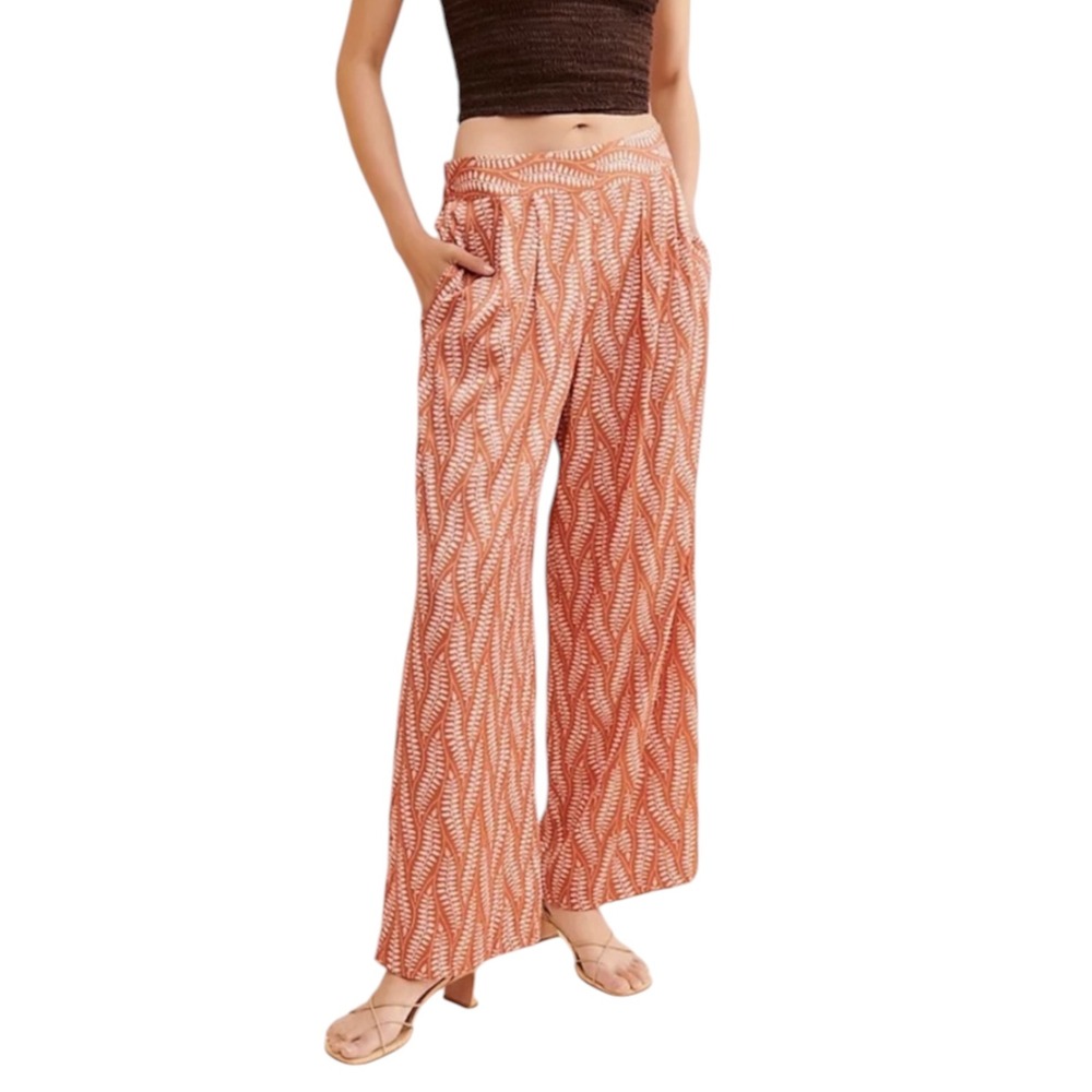 Hutch Rust Orange Pink Leaf Print Wide Leg High Waist Satin Pants Large‎ Womens